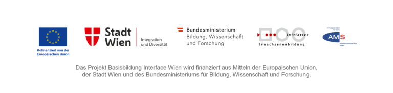 Fördergeberhinweis und Logos Projekt Basisbildung Interface Wien