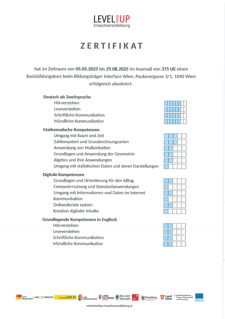 Kurszertifikat Basisbildung Interface Wien